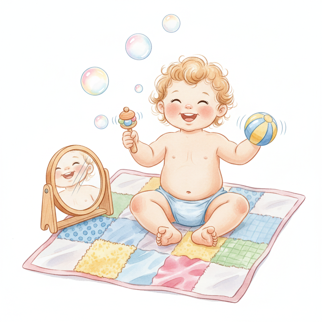 Watercolor illustration of baby sensory play items — colorful fabric textures, bubbles, a mirror, a rattle, and a soft ball