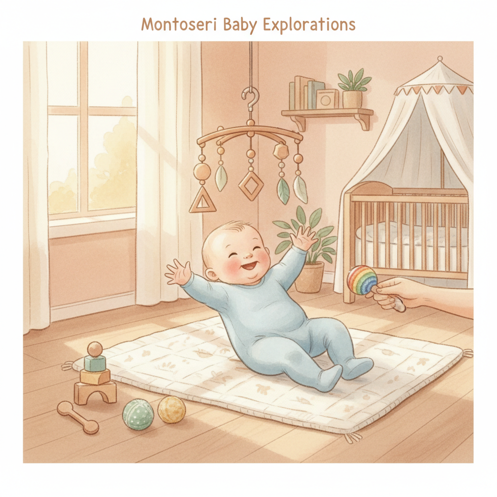 Watercolor illustration of a happy baby on a play mat reaching for a Montessori mobile, surrounded by wooden toys and textured balls