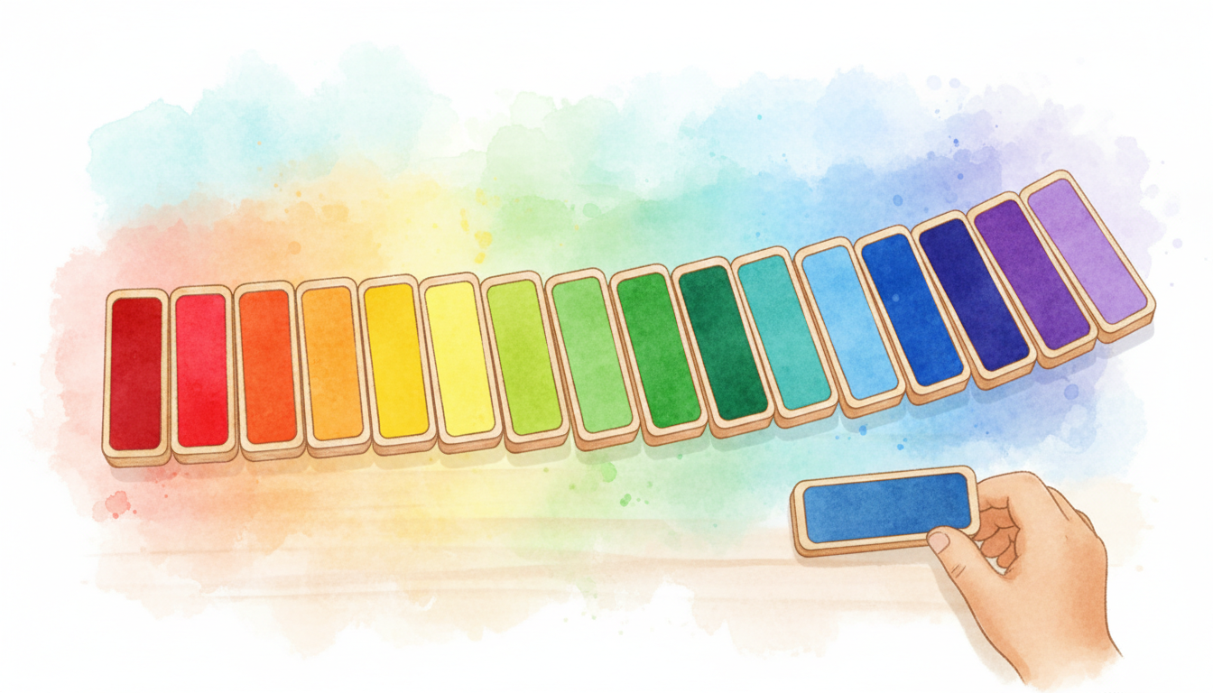 Watercolor illustration of Montessori colored tablets arranged in a gradient pattern