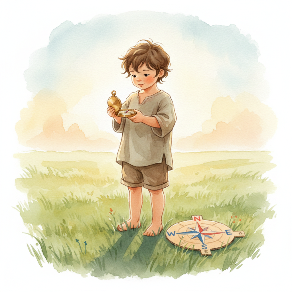 A young child outdoors in a sunlit meadow holding a brass compass beside a hand-made cardboard compass rose labeled N, S, E, W