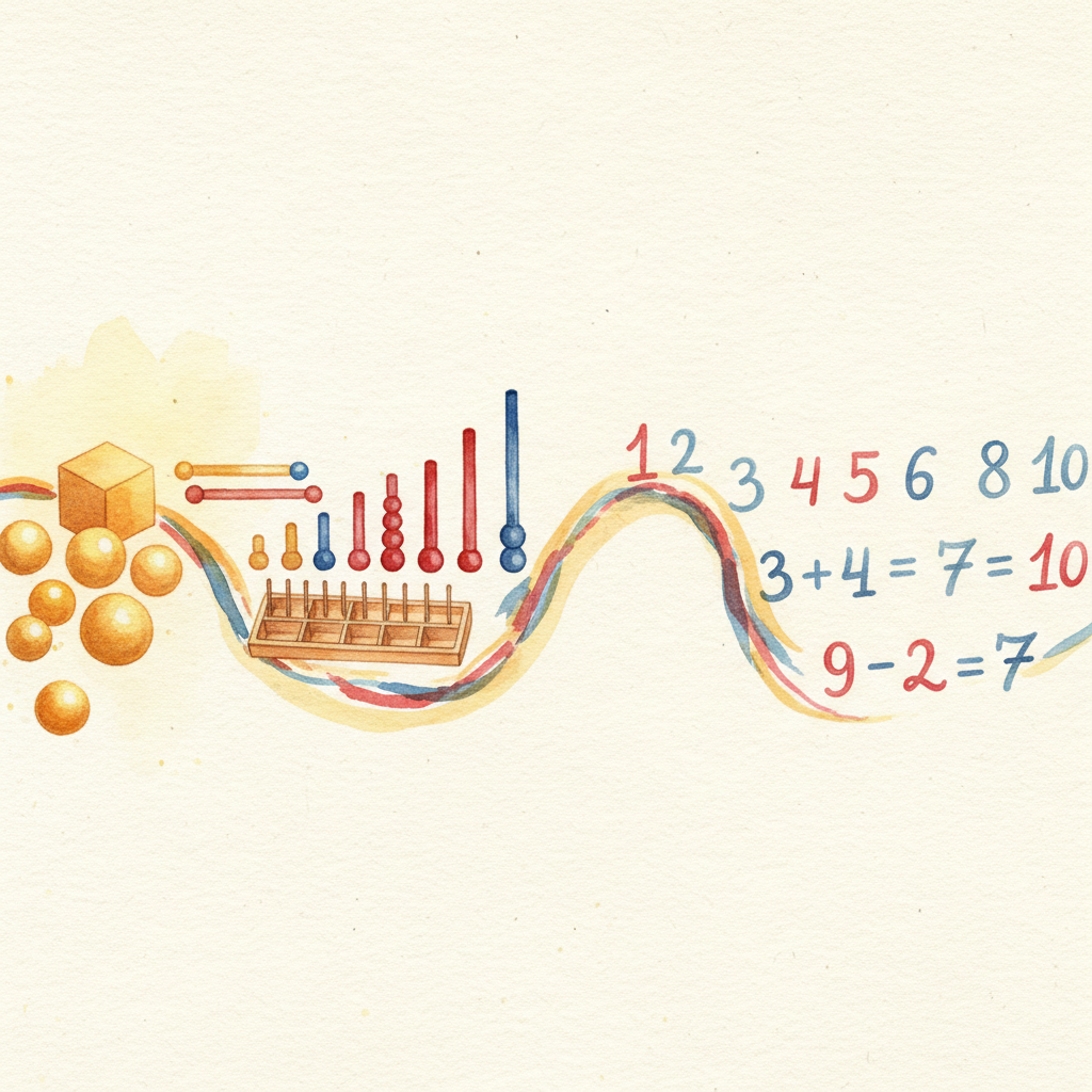 Watercolor illustration showing the Montessori math progression from concrete golden beads through number rods and spindles to abstract written numerals