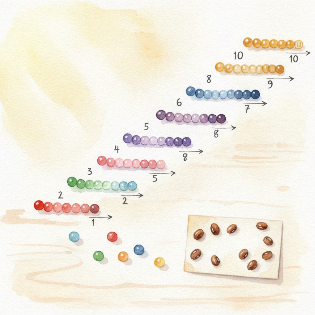 Watercolor illustration of colorful Montessori bead chains arranged in a staircase pattern with numbered arrow markers