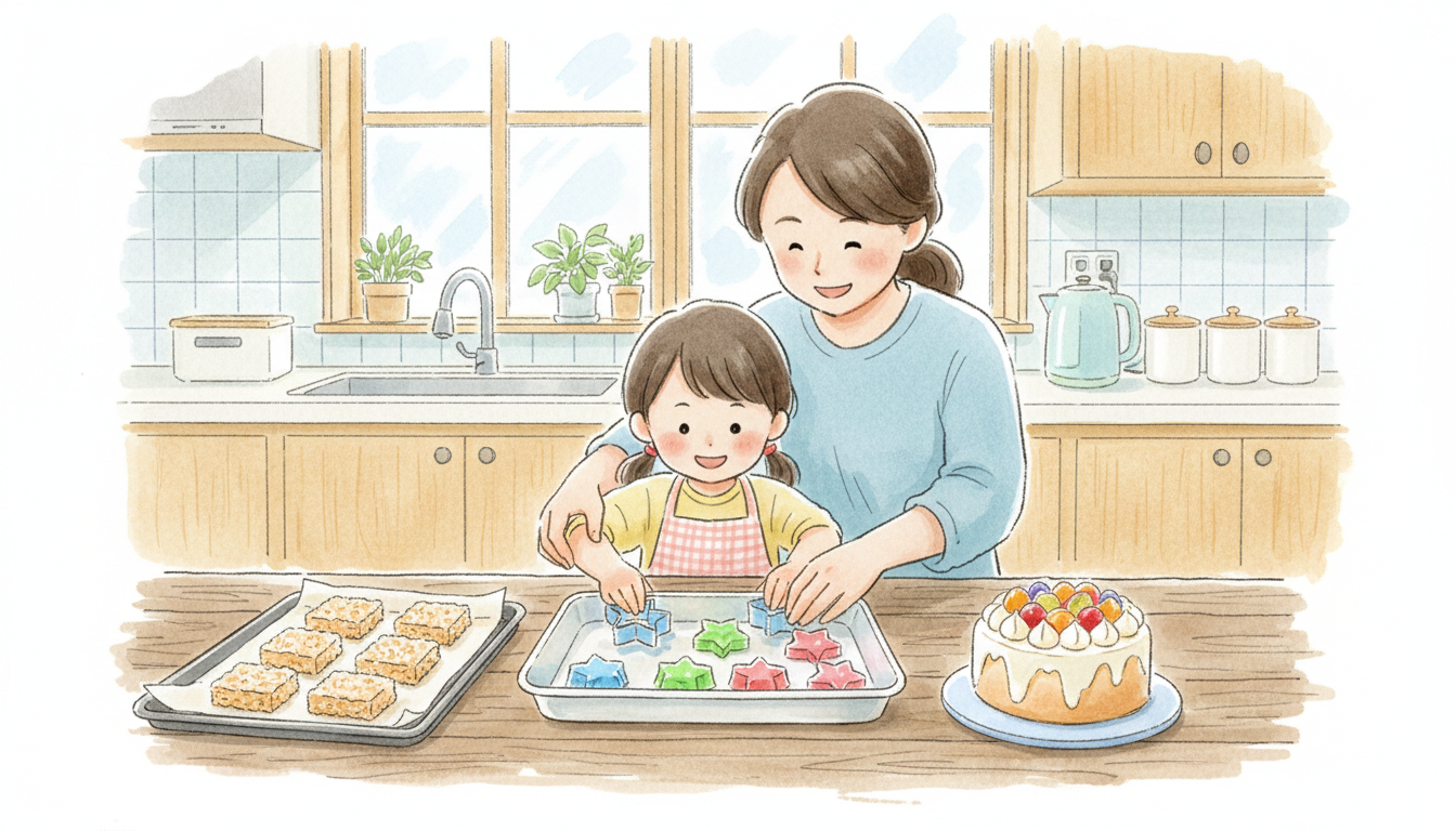 A child and parent making simple desserts together in a bright kitchen — gelatin shapes, crispy treats, and a decorated cake