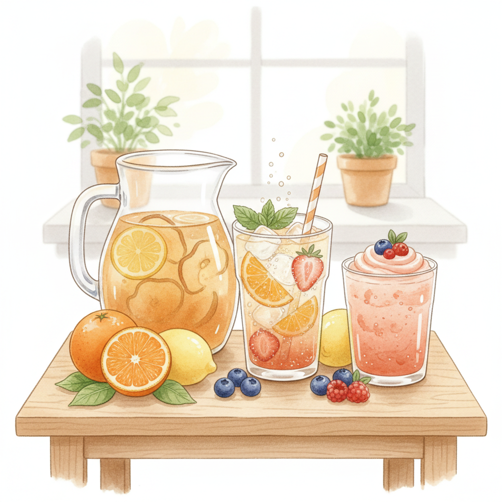 Watercolor illustration of kid-friendly homemade drinks: a fizzy fruit cooler, a pitcher of fruit tea, and a blended fruit smoothie on a wooden kitchen table