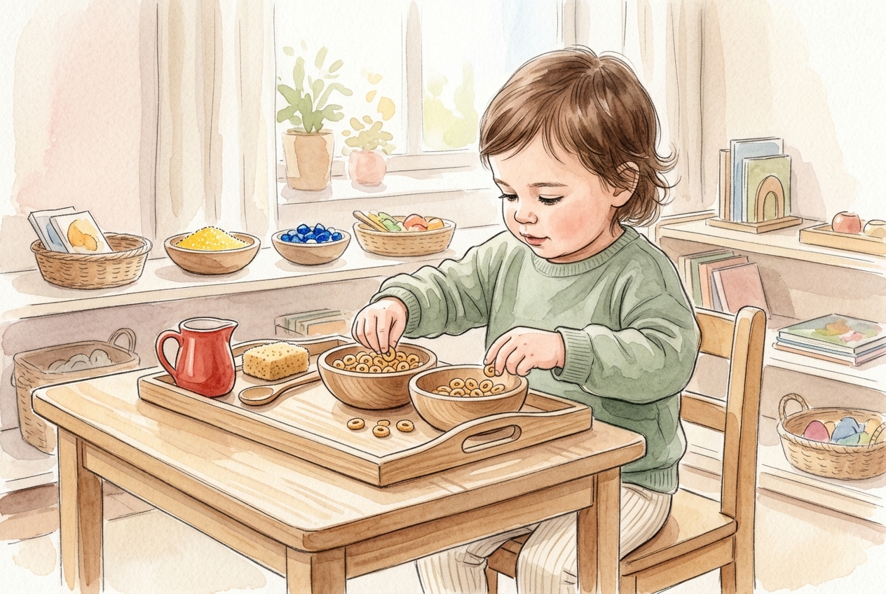 Montessori toddler practical life activities — sensory play, pouring, and washing