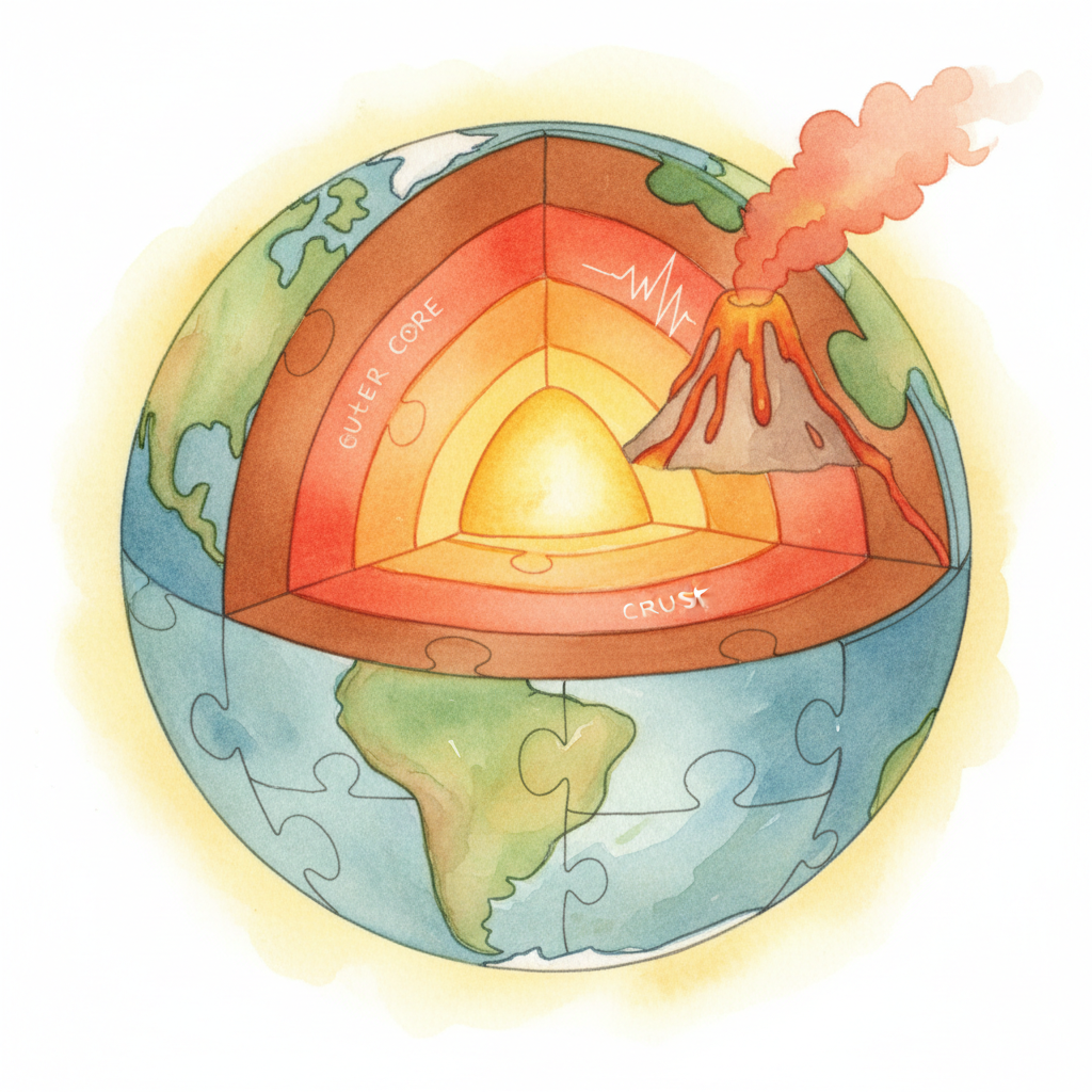 Watercolor illustration showing a cross-section of the Earth with colorful layers, an erupting volcano, and puzzle-piece continental plates
