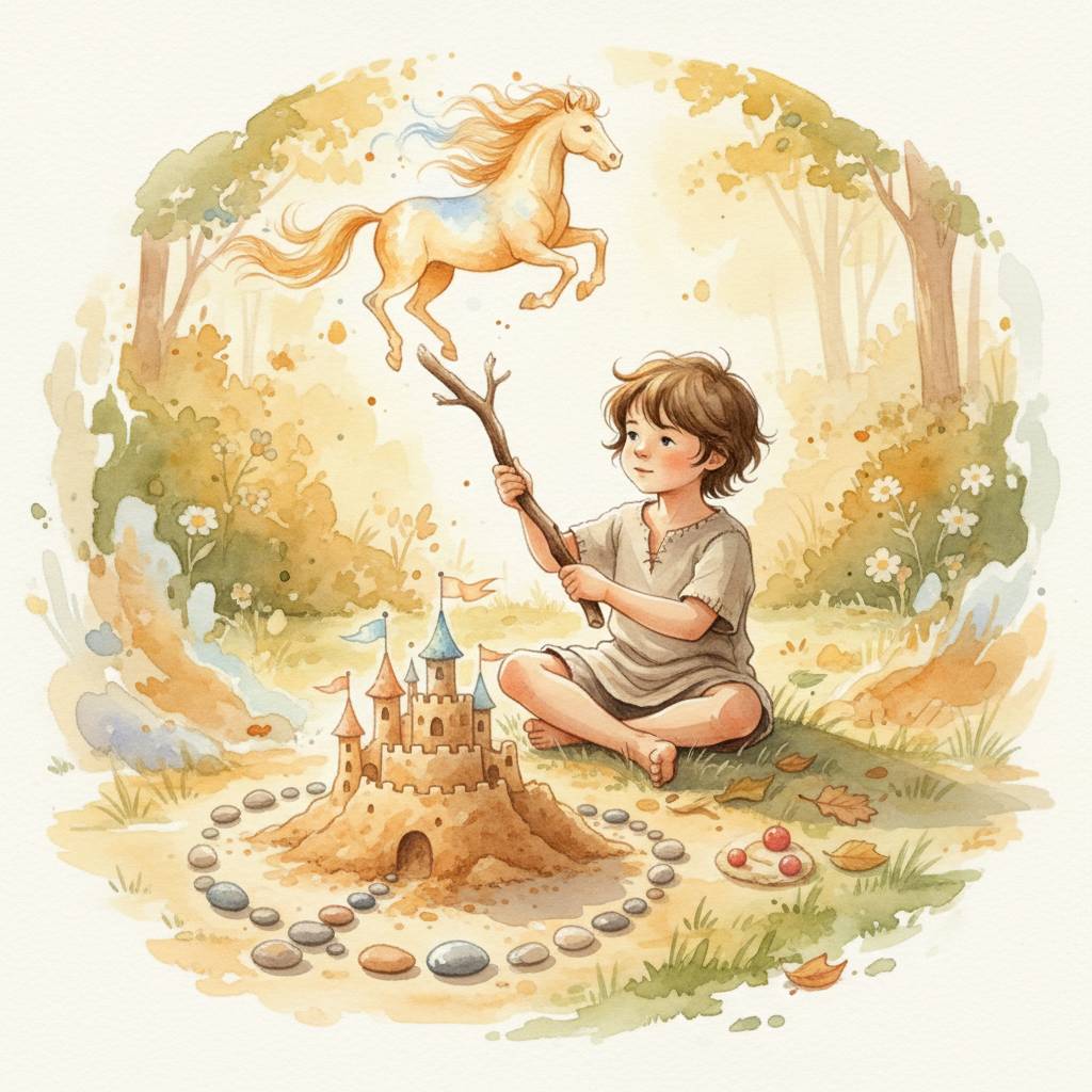 Child playing imaginatively with simple natural materials — watercolor illustration
