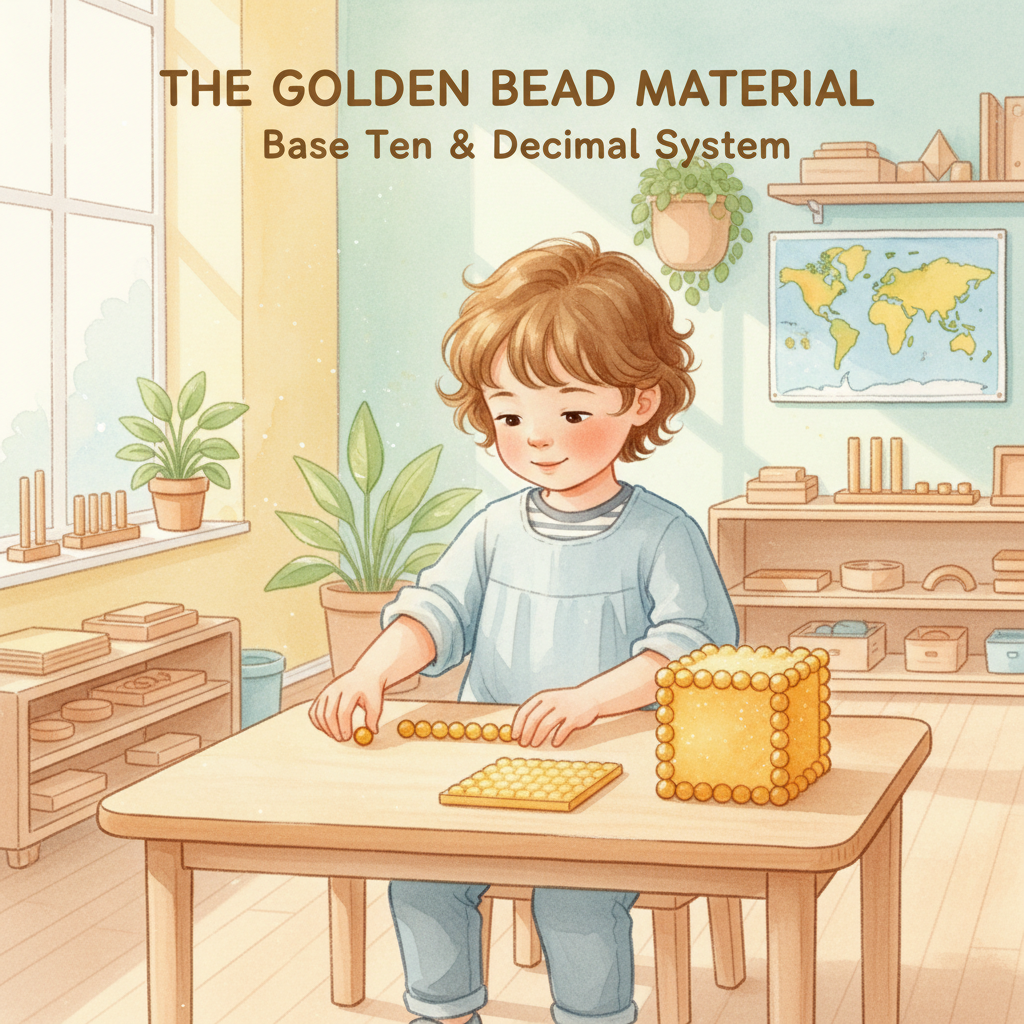 Watercolor illustration of a young child working with golden bead material at a Montessori table — unit beads, ten bars, hundred squares, and a thousand cube