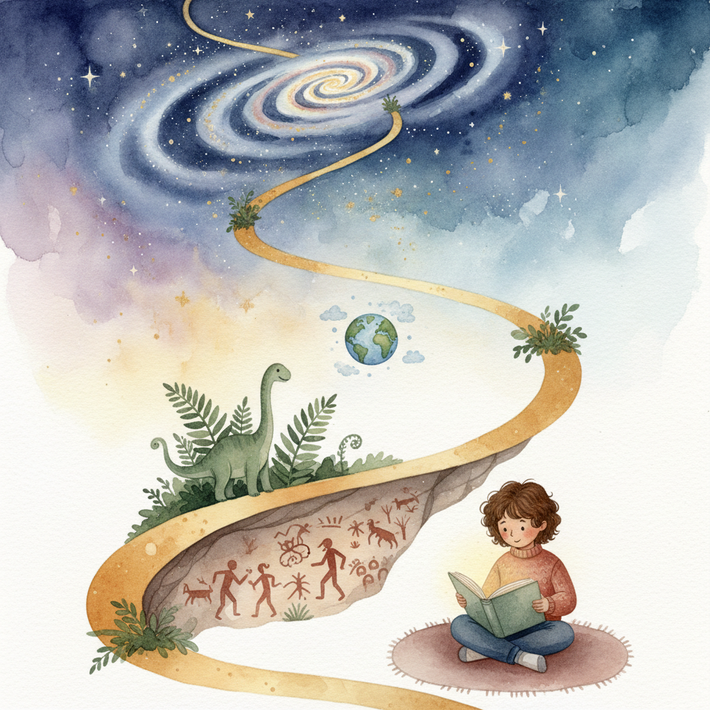 Watercolor illustration showing a cosmic timeline flowing from a spiral galaxy through Earth's formation, prehistoric life, early humans, to a child reading — the journey of Montessori's Five Great Lessons