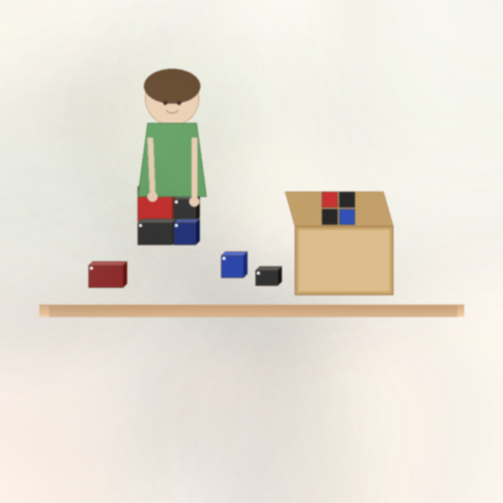 Watercolor illustration of a young child sitting at a wooden table carefully assembling the colorful blocks of a Montessori Binomial Cube, with a hinged wooden box nearby