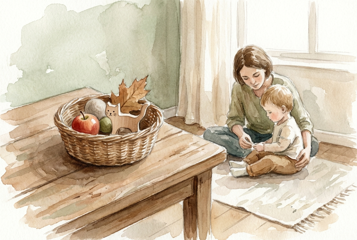Watercolor illustration of a child and parent sitting on a mat with a small basket of everyday objects, playing the Montessori Sound Game (I Spy) together