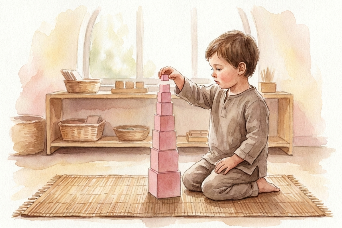 Watercolor illustration of the Montessori Pink Tower — ten graduated pink cubes stacked from largest to smallest on a green mat