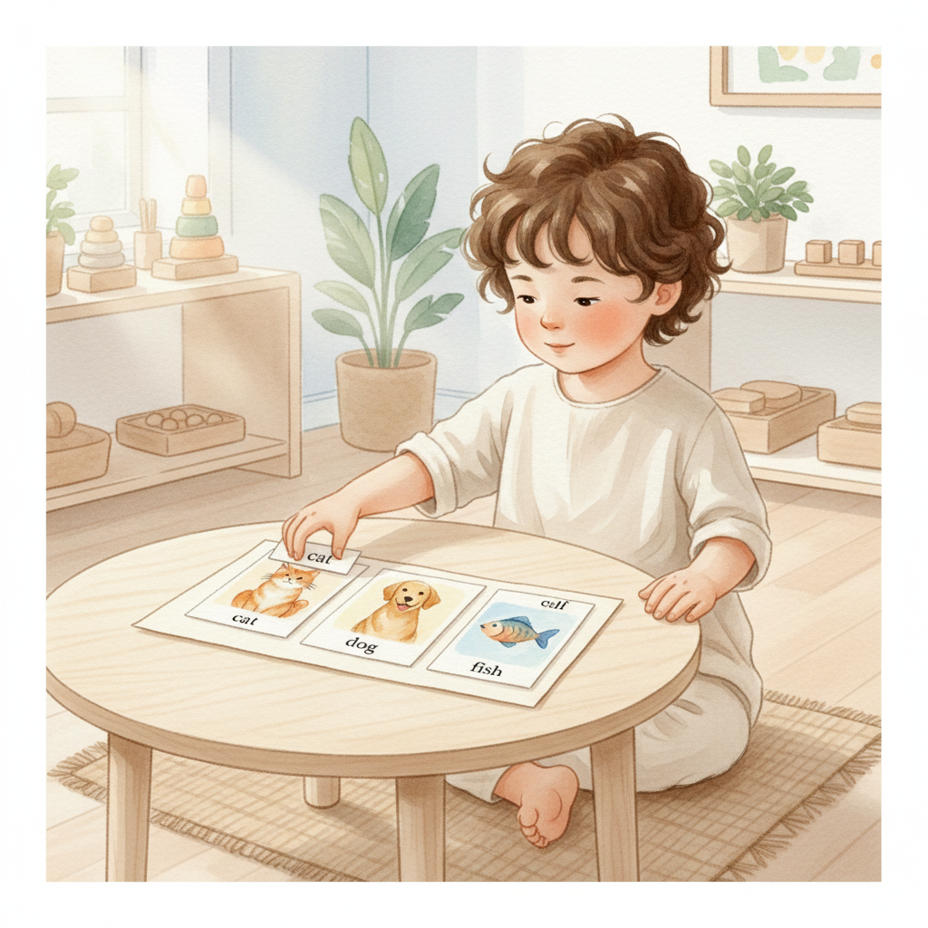 Montessori picture card page lesson — matching phonetic words to pictures
