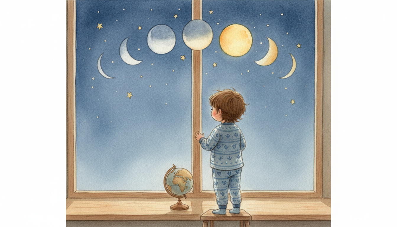 A child in cozy winter pajamas gazing at the phases of the moon over a calm night sky