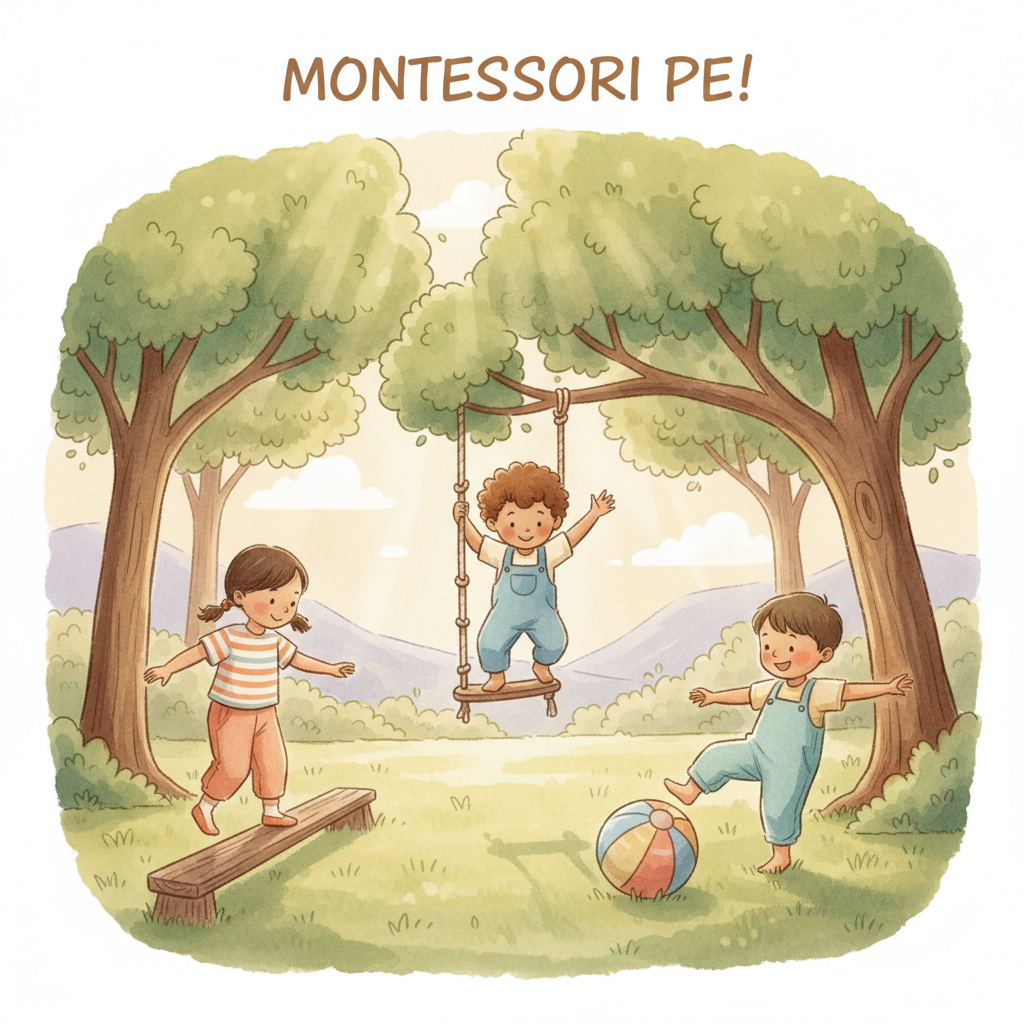 Watercolor illustration of young children engaged in outdoor physical activities — walking on a balance beam, climbing a rope ladder, and playing with a ball in a natural setting