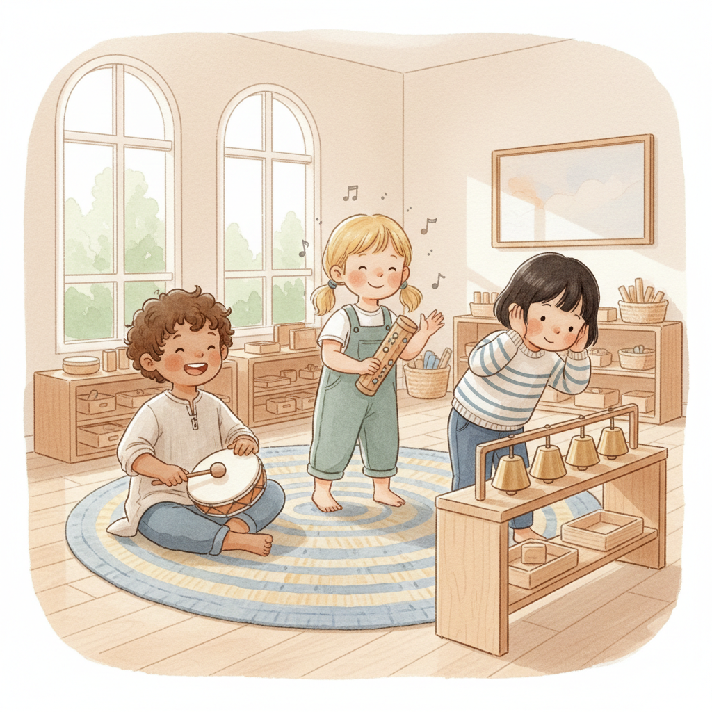Watercolor illustration of young children exploring music in a Montessori classroom