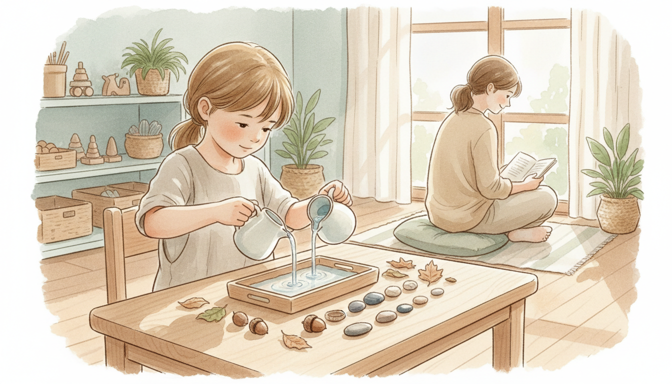 A calm young child focused on a hands-on Montessori practical-life activity at a low wooden table while a supportive parent sits quietly nearby