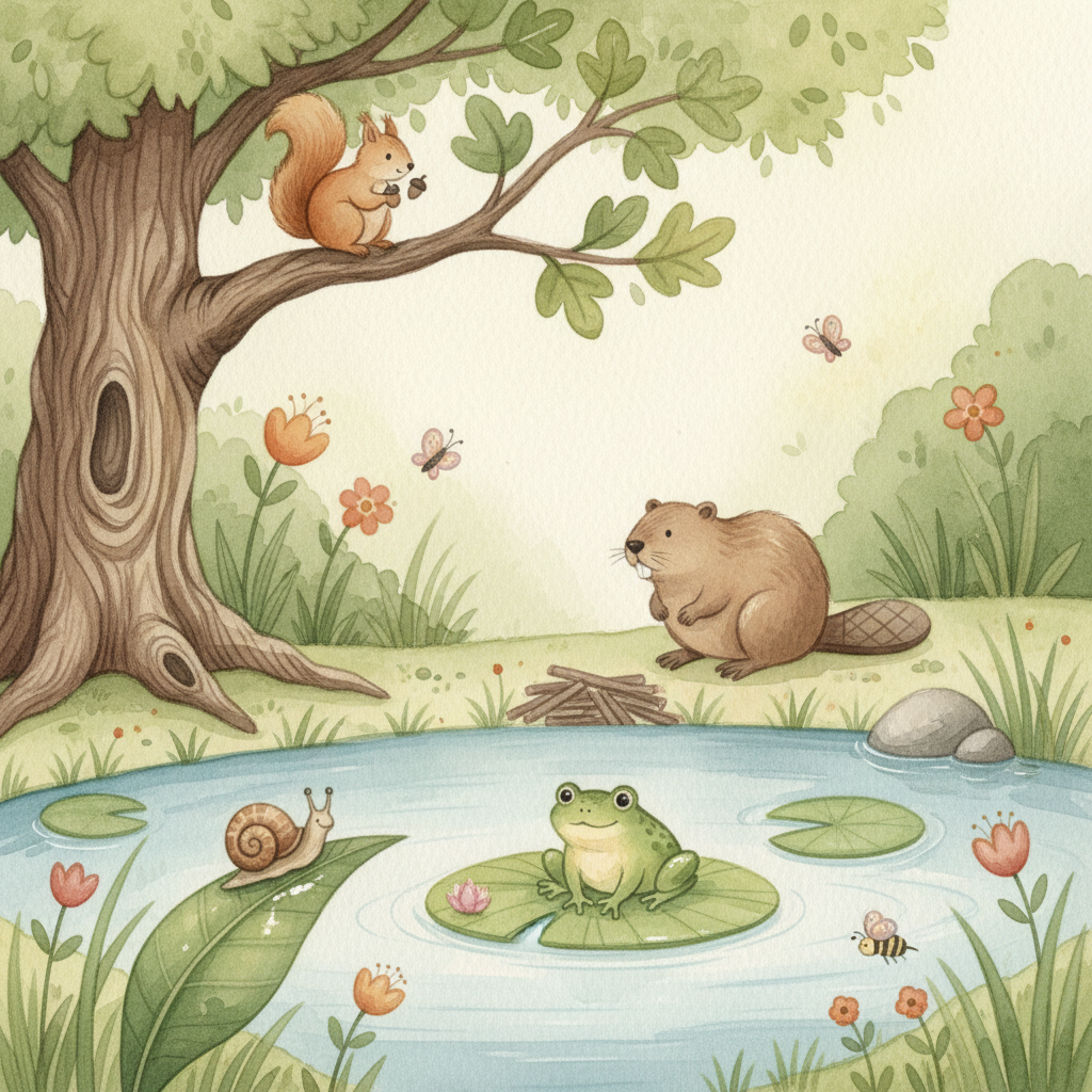 Watercolor illustration of a woodland nature scene with a squirrel in a tree, beaver near water, frog on a lily pad, and snail on a leaf