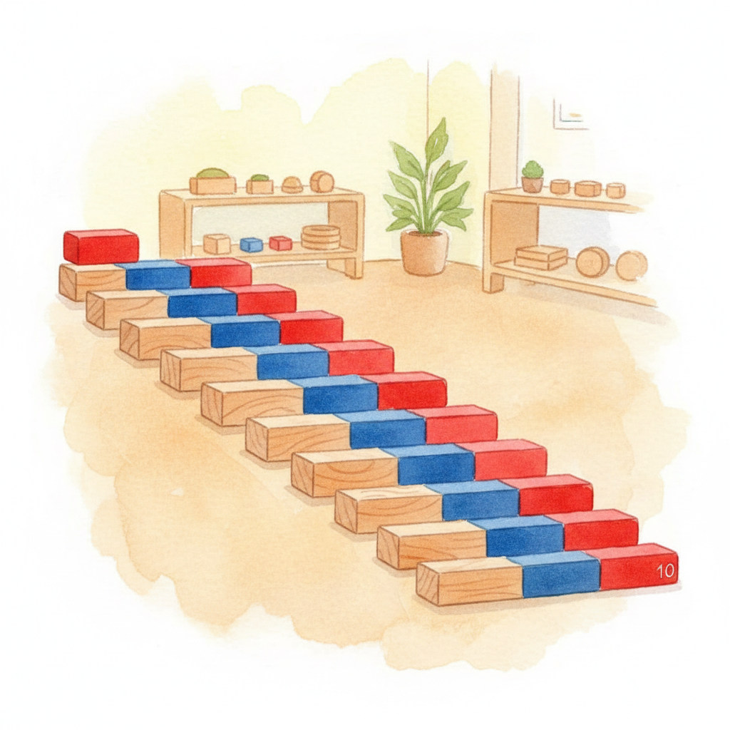 Montessori Number Rods — ten red-and-blue segmented rods arranged in a stair from one to ten