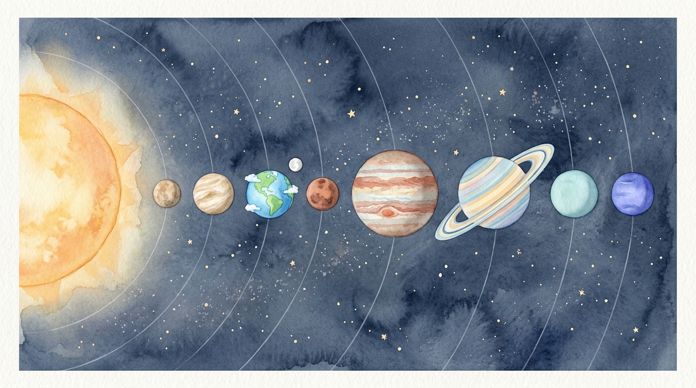 Our solar system illustration showing the sun, planets, and moon orbiting in space