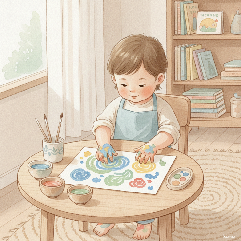 A simple home art space with crayons, paints, brushes, and paper inviting a child to create