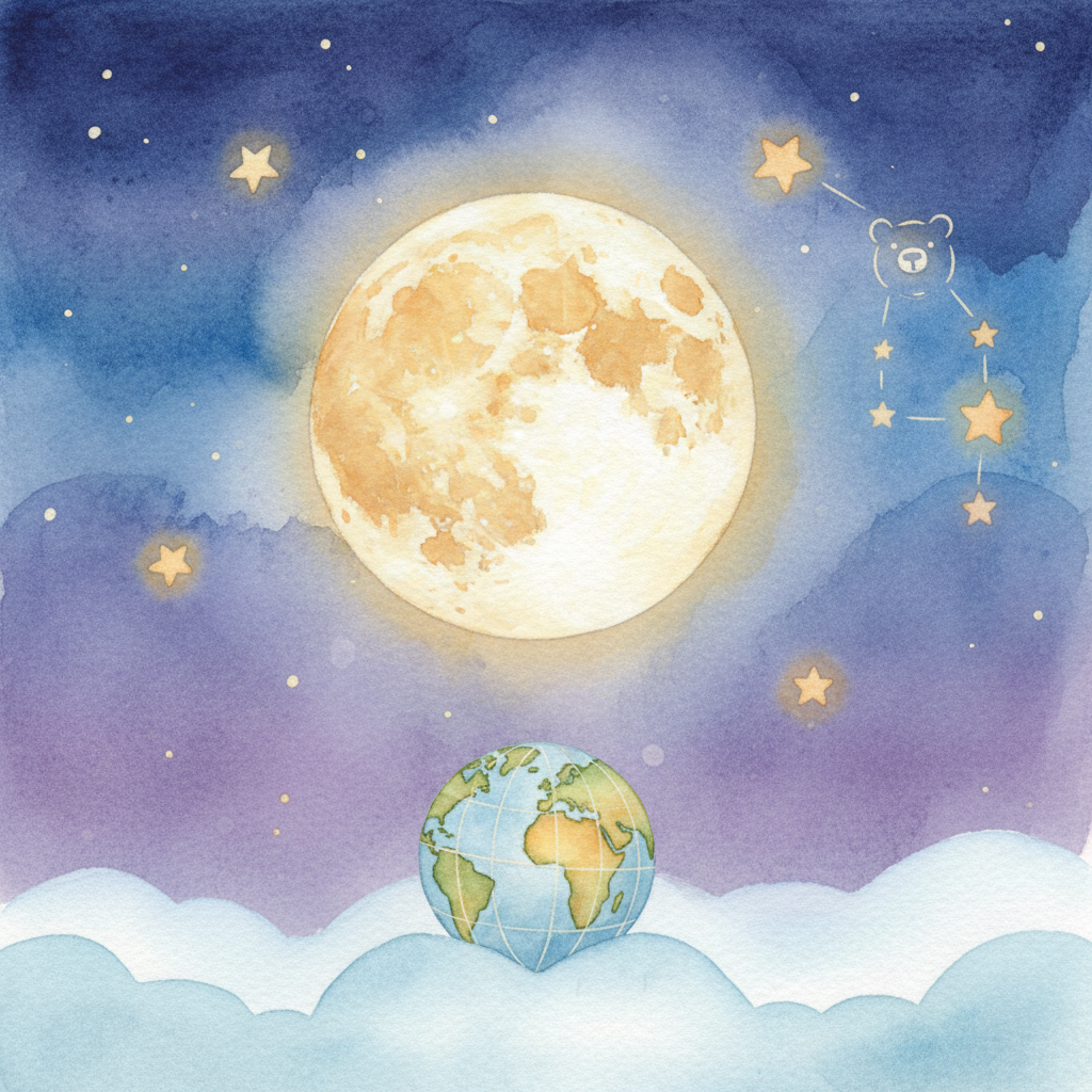 Watercolor illustration of a night sky with a bright full moon, constellation stars, and a small globe of Earth with latitude and longitude lines