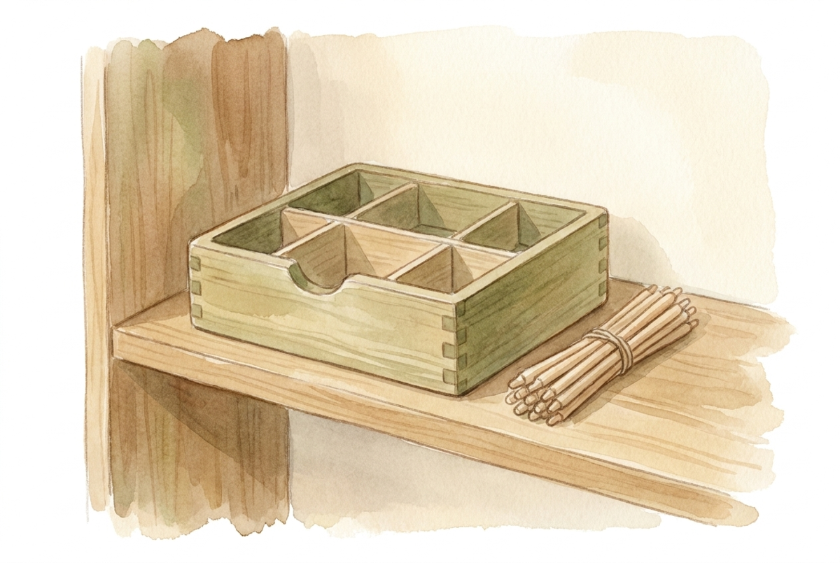Watercolor illustration of a Montessori Spindle Box with wooden compartments labeled 0 through 9 and loose wooden spindles, with a child's hands carefully counting spindles into a compartment