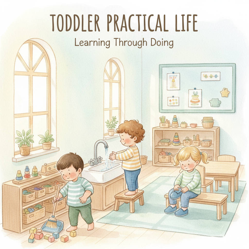 Watercolor illustration of toddlers independently washing hands, putting on shoes, and sweeping in a Montessori classroom