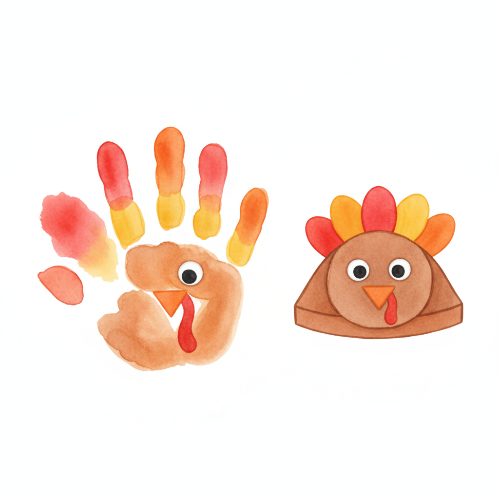 Hand-print turkey craft and construction paper turkey hat — fun Thanksgiving activities for children