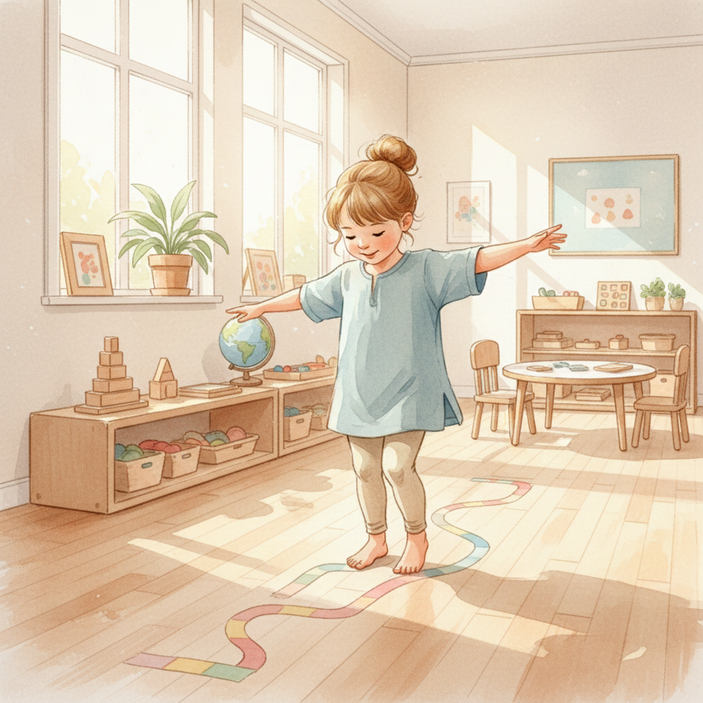 Watercolor illustration of a young child walking heel-to-toe along a colorful tape line on the floor in a Montessori classroom, arms outstretched for balance